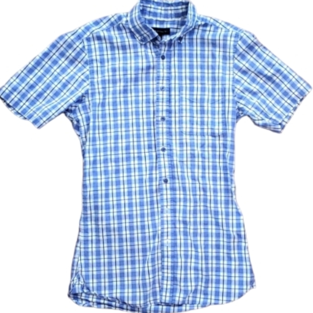 American Tall‎ Men's Short Sleeve Blue Plaid Buttondown Shirt Size Small Tall